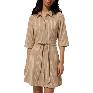 image:imageCHARTOU Womens Striped Shirt Dress Tie Waist Summer Casual Beach Sundresses 34 Sleeve Button Down Mini Dress with BeltKhaki