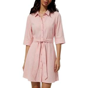 image:imageCHARTOU Womens Striped Shirt Dress Tie Waist Summer Casual Beach Sundresses 34 Sleeve Button Down Mini Dress with BeltPink