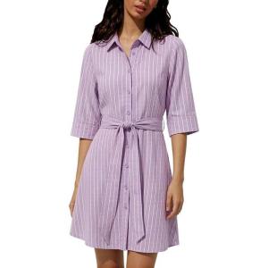 image:imageCHARTOU Womens Striped Shirt Dress Tie Waist Summer Casual Beach Sundresses 34 Sleeve Button Down Mini Dress with BeltPurple