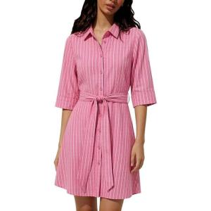 image:imageCHARTOU Womens Striped Shirt Dress Tie Waist Summer Casual Beach Sundresses 34 Sleeve Button Down Mini Dress with BeltRose