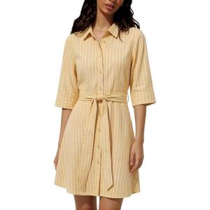 image:imageCHARTOU Womens Striped Shirt Dress Tie Waist Summer Casual Beach Sundresses 34 Sleeve Button Down Mini Dress with BeltYellow