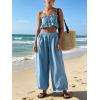 image:imageCHARTOU Summer Cotton Linen Pants Women Elastic High Waist Balloon Wide Leg Palazzo Trousers with PocketsBlue