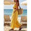 image:imageCHARTOU Summer Cotton Linen Pants Women Elastic High Waist Balloon Wide Leg Palazzo Trousers with PocketsYellow