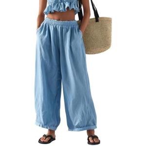 image:imageCHARTOU Summer Cotton Linen Pants Women Elastic High Waist Balloon Wide Leg Palazzo Trousers with PocketsBlue