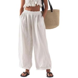 image:imageCHARTOU Summer Cotton Linen Pants Women Elastic High Waist Balloon Wide Leg Palazzo Trousers with PocketsWhite