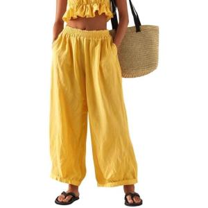 image:imageCHARTOU Summer Cotton Linen Pants Women Elastic High Waist Balloon Wide Leg Palazzo Trousers with PocketsYellow