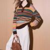 image:imageCHARTOU Women Color Block Striped Pullover Sweater Lapel Mock Neck Half Button Long Sleeve Knit Jumper TopsMulticolour