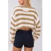 image:imageCHARTOU Women Stripes Cropped Knitted Sweater Fall 2025 Oversized Color Block Long Sleeve Pullover Jumper TopsKhaki