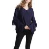 image:imageCHARTOU Womens Dressy Loose Knitted Flared Sleeve Tassel Fringe Sweater PulloverNavy