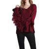image:imageCHARTOU Womens Dressy Loose Knitted Flared Sleeve Tassel Fringe Sweater PulloverRed