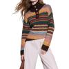 image:imageCHARTOU Women Color Block Striped Pullover Sweater Lapel Mock Neck Half Button Long Sleeve Knit Jumper TopsMulticolour