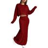 image:imageCHARTOU Women Fall Skirt Sets Two Piece Outfits Cable Knit Cropped Sweater Matching Maxi Long SkirtsWine