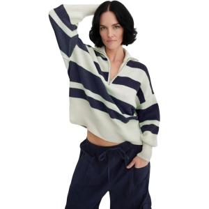 image:imageCHARTOU Quarter Zip Pullover Sweater for Women Color Block Striped Oversized Knitted Sweatshirt Jumper TopsNavy
