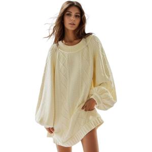 image:imageCHARTOU Women Chunky Cable Knit Sweater Slouchy Fit Balloon Long Sleeve Knitted Tunic DressApricot