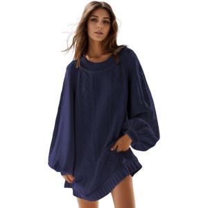 image:imageCHARTOU Women Chunky Cable Knit Sweater Slouchy Fit Balloon Long Sleeve Knitted Tunic DressNavy