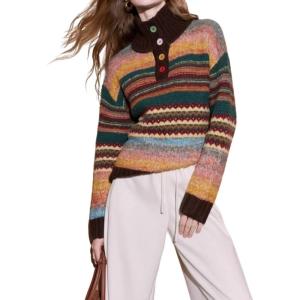 image:imageCHARTOU Women Color Block Striped Pullover Sweater Lapel Mock Neck Half Button Long Sleeve Knit Jumper TopsMulticolour