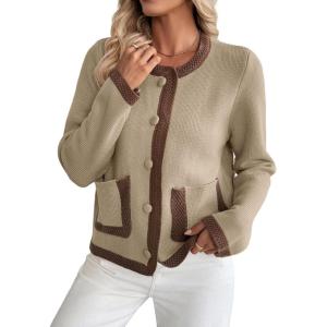 image:imageCHARTOU Women Contrast Trim Crop Cardigan Sweaters Fall Elegant Dressy Sweater CoatKhaki