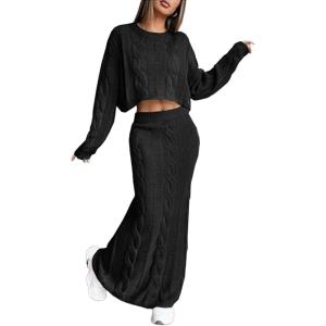 image:imageCHARTOU Women Fall Skirt Sets Two Piece Outfits Cable Knit Cropped Sweater Matching Maxi Long SkirtsBlack