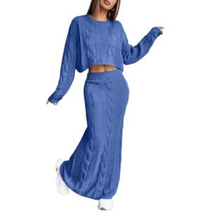 image:imageCHARTOU Women Fall Skirt Sets Two Piece Outfits Cable Knit Cropped Sweater Matching Maxi Long SkirtsBlue