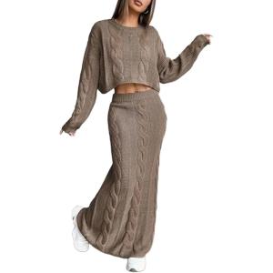image:imageCHARTOU Women Fall Skirt Sets Two Piece Outfits Cable Knit Cropped Sweater Matching Maxi Long SkirtsCamel