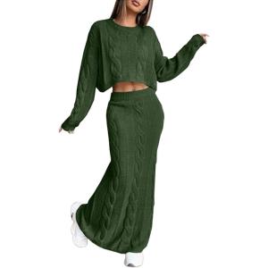 image:imageCHARTOU Women Fall Skirt Sets Two Piece Outfits Cable Knit Cropped Sweater Matching Maxi Long SkirtsGreen