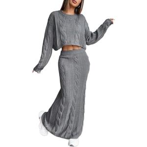 image:imageCHARTOU Women Fall Skirt Sets Two Piece Outfits Cable Knit Cropped Sweater Matching Maxi Long SkirtsGrey