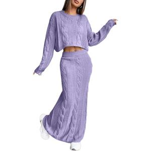image:imageCHARTOU Women Fall Skirt Sets Two Piece Outfits Cable Knit Cropped Sweater Matching Maxi Long SkirtsPurple