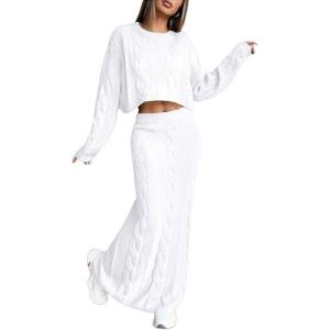 image:imageCHARTOU Women Fall Skirt Sets Two Piece Outfits Cable Knit Cropped Sweater Matching Maxi Long SkirtsWhite