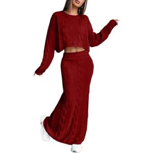 image:imageCHARTOU Women Fall Skirt Sets Two Piece Outfits Cable Knit Cropped Sweater Matching Maxi Long SkirtsWine