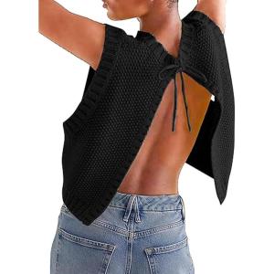 image:imageCHARTOU Women Sleeveless Open Back Sweater Vest Knit Top Crop Summer Y2k Tie Knitted Sweater TankBlack