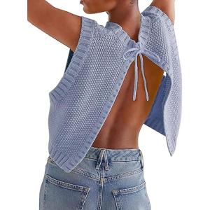 image:imageCHARTOU Women Sleeveless Open Back Sweater Vest Knit Top Crop Summer Y2k Tie Knitted Sweater TankBlue
