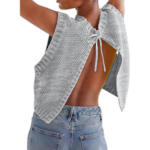 image:imageCHARTOU Women Sleeveless Open Back Sweater Vest Knit Top Crop Summer Y2k Tie Knitted Sweater TankGrey