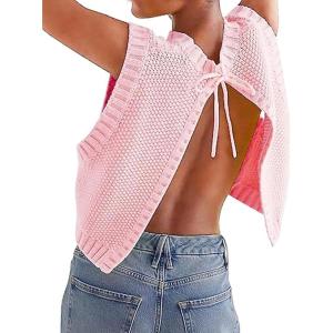 image:imageCHARTOU Women Sleeveless Open Back Sweater Vest Knit Top Crop Summer Y2k Tie Knitted Sweater TankPink