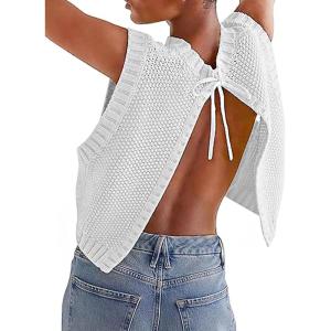 image:imageCHARTOU Women Sleeveless Open Back Sweater Vest Knit Top Crop Summer Y2k Tie Knitted Sweater TankWhite