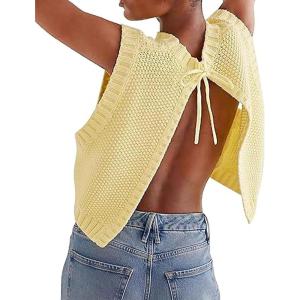 image:imageCHARTOU Women Sleeveless Open Back Sweater Vest Knit Top Crop Summer Y2k Tie Knitted Sweater TankYellow