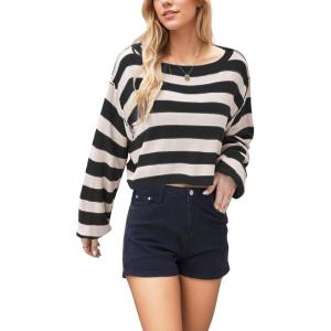 image:imageCHARTOU Women Stripes Cropped Knitted Sweater Fall 2025 Oversized Color Block Long Sleeve Pullover Jumper TopsBlack