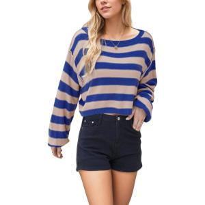 image:imageCHARTOU Women Stripes Cropped Knitted Sweater Fall 2025 Oversized Color Block Long Sleeve Pullover Jumper TopsBlue
