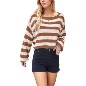 image:imageCHARTOU Women Stripes Cropped Knitted Sweater Fall 2025 Oversized Color Block Long Sleeve Pullover Jumper TopsCoffee