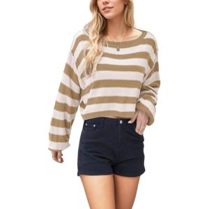 image:imageCHARTOU Women Stripes Cropped Knitted Sweater Fall 2025 Oversized Color Block Long Sleeve Pullover Jumper TopsKhaki