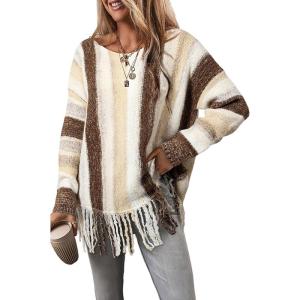 image:imageCHARTOU Womens 2025 Striped Sweater Fall Overszied Pullover Sweater Lightweight Color Block Fringe Knit TopBrown