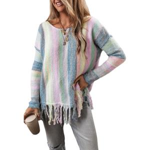 image:imageCHARTOU Womens 2025 Striped Sweater Fall Overszied Pullover Sweater Lightweight Color Block Fringe Knit TopMulticolor