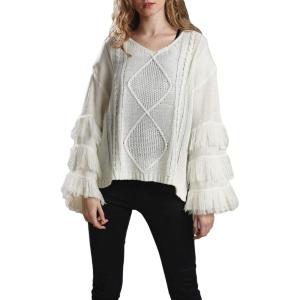 image:imageCHARTOU Womens Dressy Loose Knitted Flared Sleeve Tassel Fringe Sweater PulloverApricot