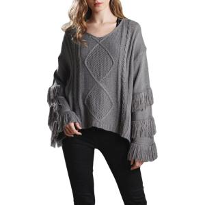 image:imageCHARTOU Womens Dressy Loose Knitted Flared Sleeve Tassel Fringe Sweater PulloverGrey