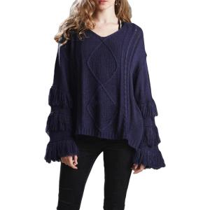 image:imageCHARTOU Womens Dressy Loose Knitted Flared Sleeve Tassel Fringe Sweater PulloverNavy