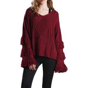 image:imageCHARTOU Womens Dressy Loose Knitted Flared Sleeve Tassel Fringe Sweater PulloverRed