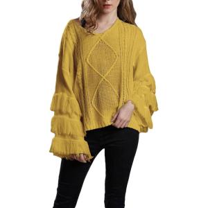 image:imageCHARTOU Womens Dressy Loose Knitted Flared Sleeve Tassel Fringe Sweater PulloverYellow