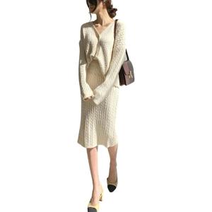image:imageCHARTOU Womens Elegant 2 Pieces Sweater Outfits Open Front Cardigan and Bodycon Skirt SetsApricot