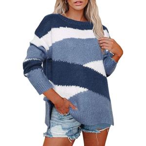 image:imageCHARTOU Womens Fall Fashion Color Block Side Slit Asymmetrical Striped Crewneck Pullover SweaterBlue