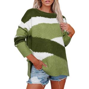 image:imageCHARTOU Womens Fall Fashion Color Block Side Slit Asymmetrical Striped Crewneck Pullover SweaterGreen