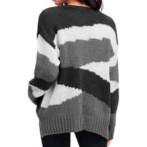 image:imageCHARTOU Womens Fall Fashion Color Block Side Slit Asymmetrical Striped Crewneck Pullover SweaterGrey